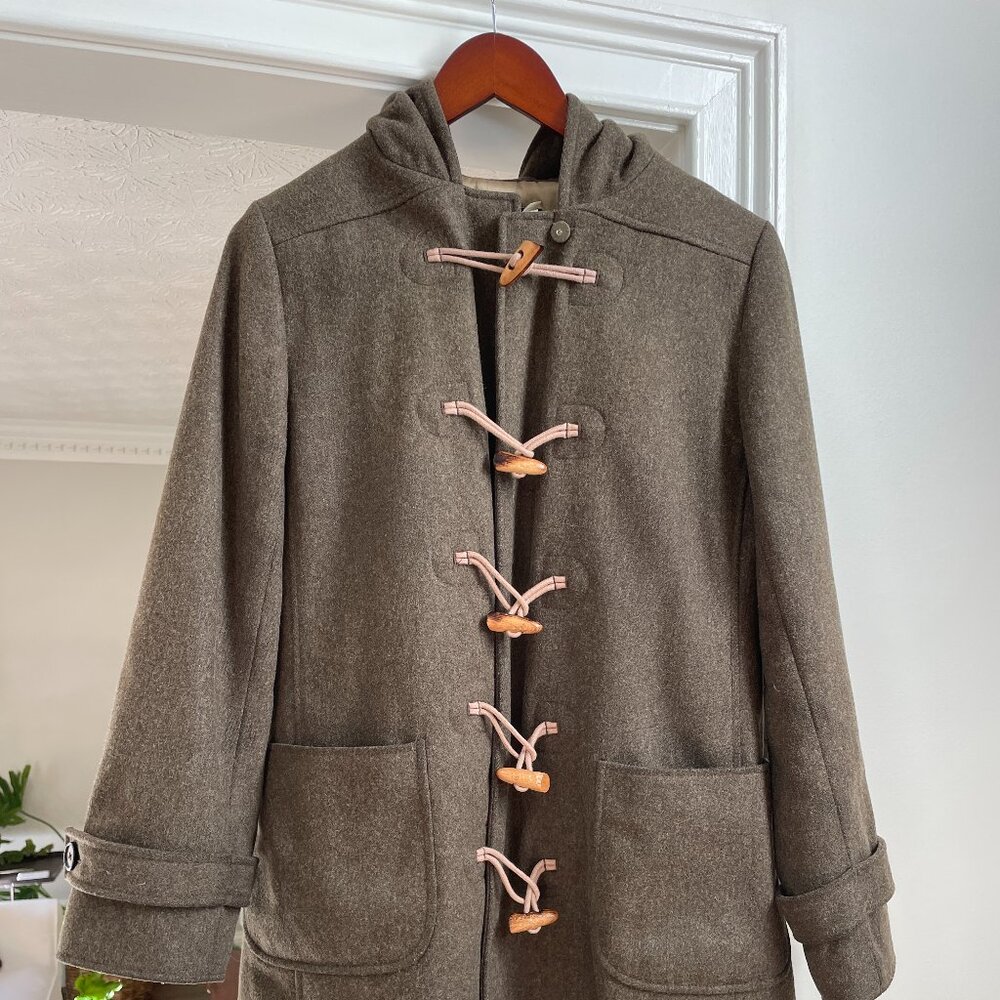 J. Crew Wool Coat Sz Small Olive Green with Toggle Buttons and Hood